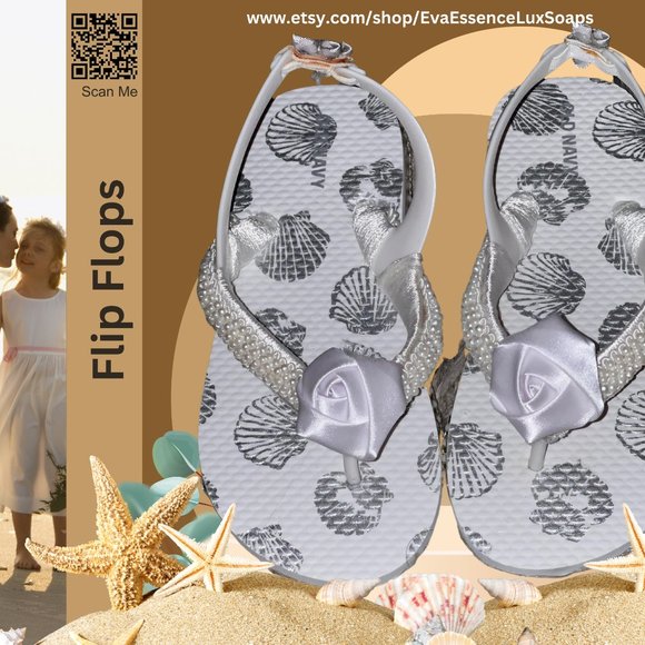 Child Flip Flops, Sliver Sea Shells, Childs Flip Flop Beach Sandal, Youth Shoes - Picture 8 of 16